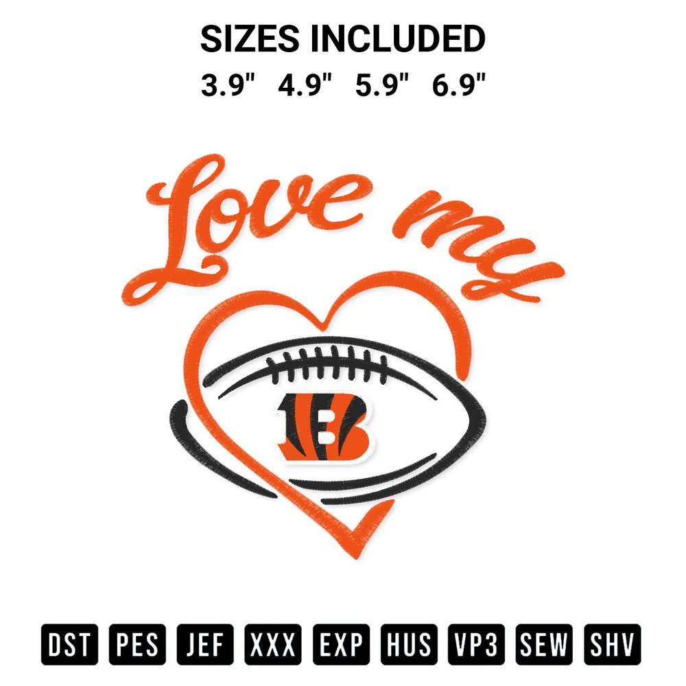 Elevate your next project with our Love My Cincinnati Bengals Embroidery Design embroidery file. Shop high-quality digital patterns instantly at Designspacks.com. Available sizes: 3.9", 4.9", 5.9", 6.9".