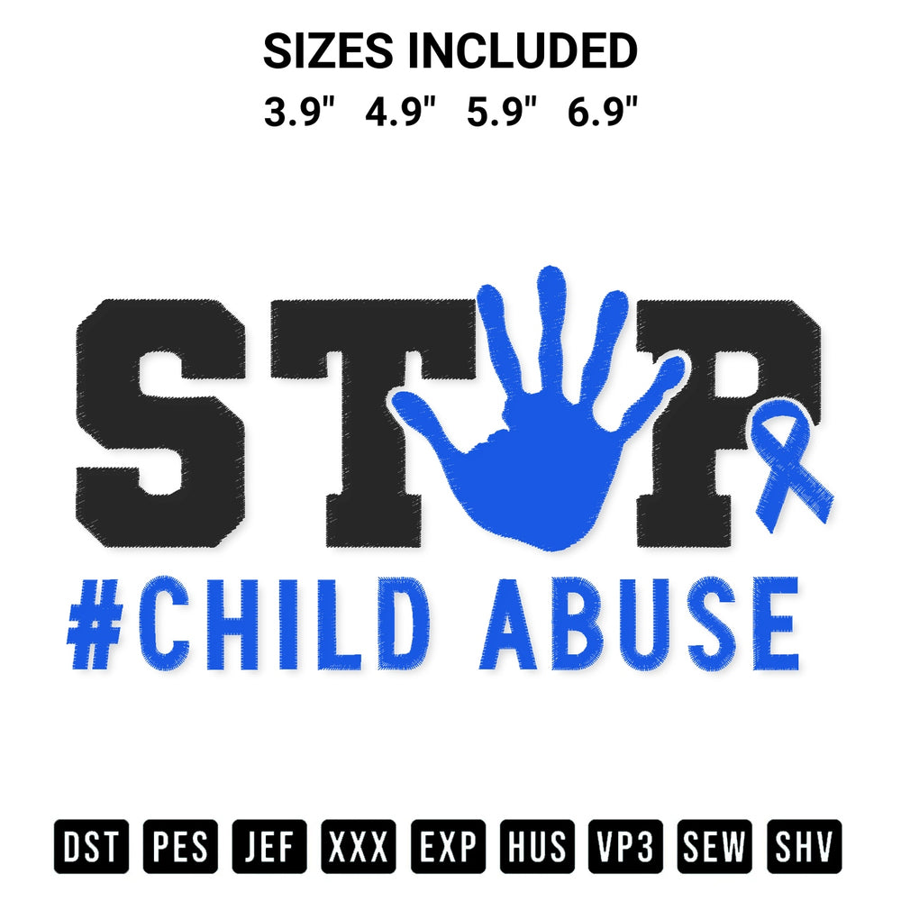 Download the Stop Child Abuse Embroidery Design machine embroidery design exclusively at Designspacks.com. Premium digitized pattern for apparel and DIY crafts. Available sizes: 3.9", 4.9", 5.9", 6.9".