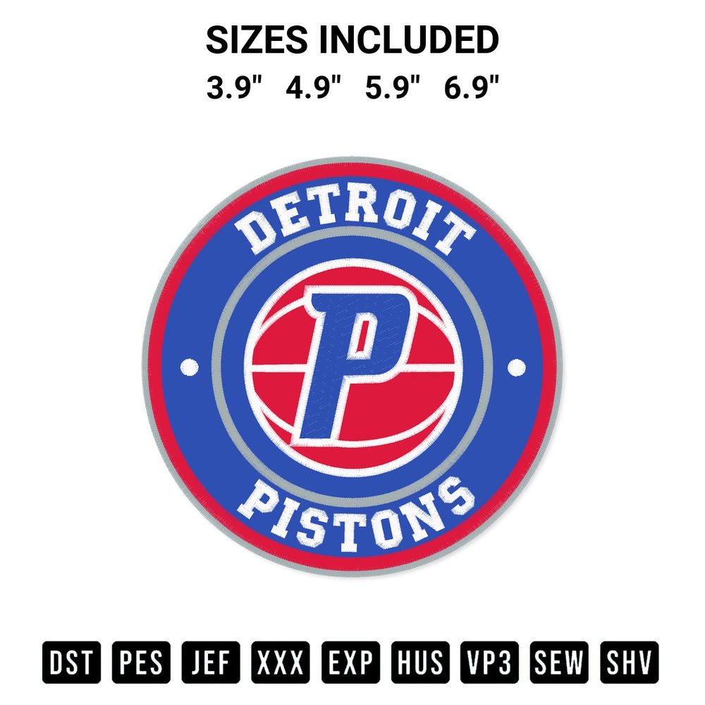 Shop the Detroit Pistons Circle Logo Embroidery Design machine embroidery pattern at Designspacks.com. Beautifully digitized for flawless stitching on any fabric. Available sizes: 3.9", 4.9", 5.9", 6.9".