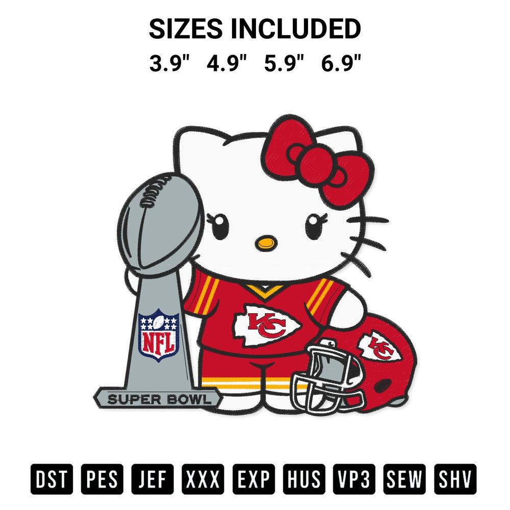 Shop the Hello Kitty Kc Chiefs Super Bowl 2025 Embroidery Design machine embroidery pattern at Designspacks.com. Beautifully digitized for flawless stitching on any fabric. Available sizes: 3.9", 4.9", 5.9", 6.9".