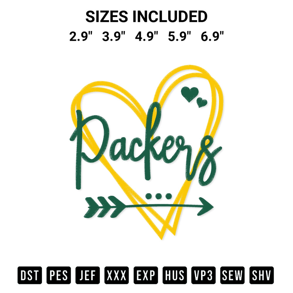 Transform your fabrics with the Green Bay Packers Heart Embroidery Design embroidery design. Instant access to premium digitized patterns at Designspacks.com. Available sizes: 2.9", 3.9", 4.9", 5.9", 6.9".
