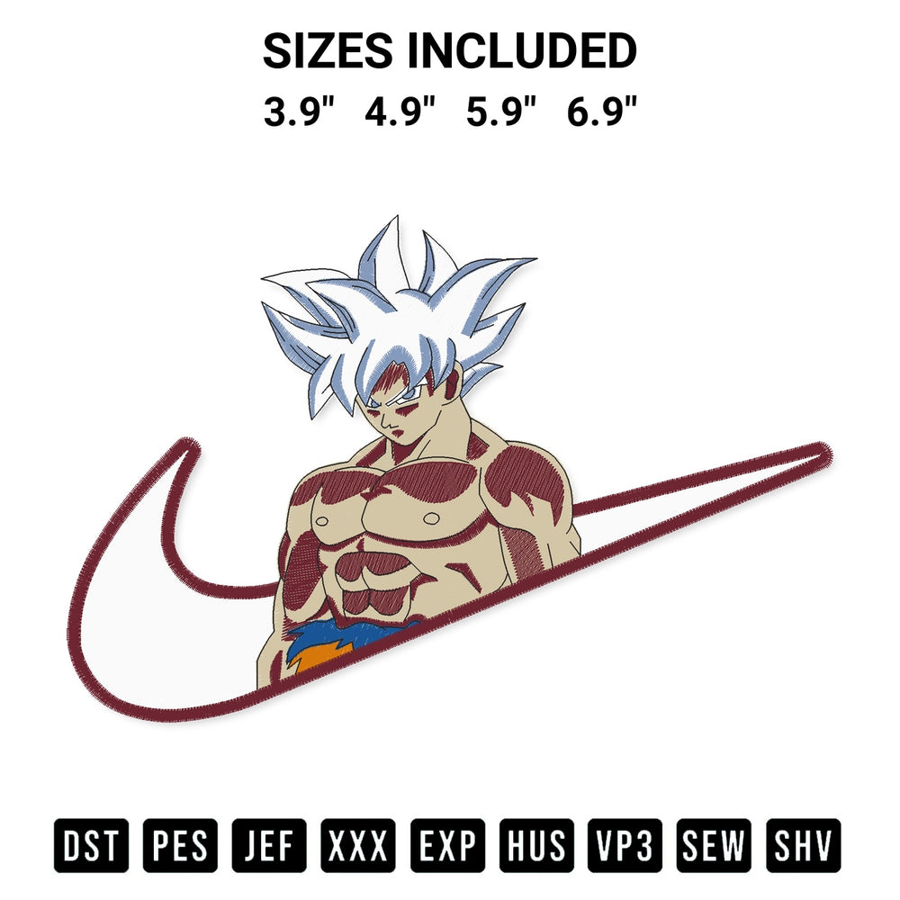 Transform your fabrics with the Nike Goku Ultra Instinct Embroidery Design embroidery design. Instant access to premium digitized patterns at Designspacks.com. Available sizes: 3.9", 4.9", 5.9", 6.9".