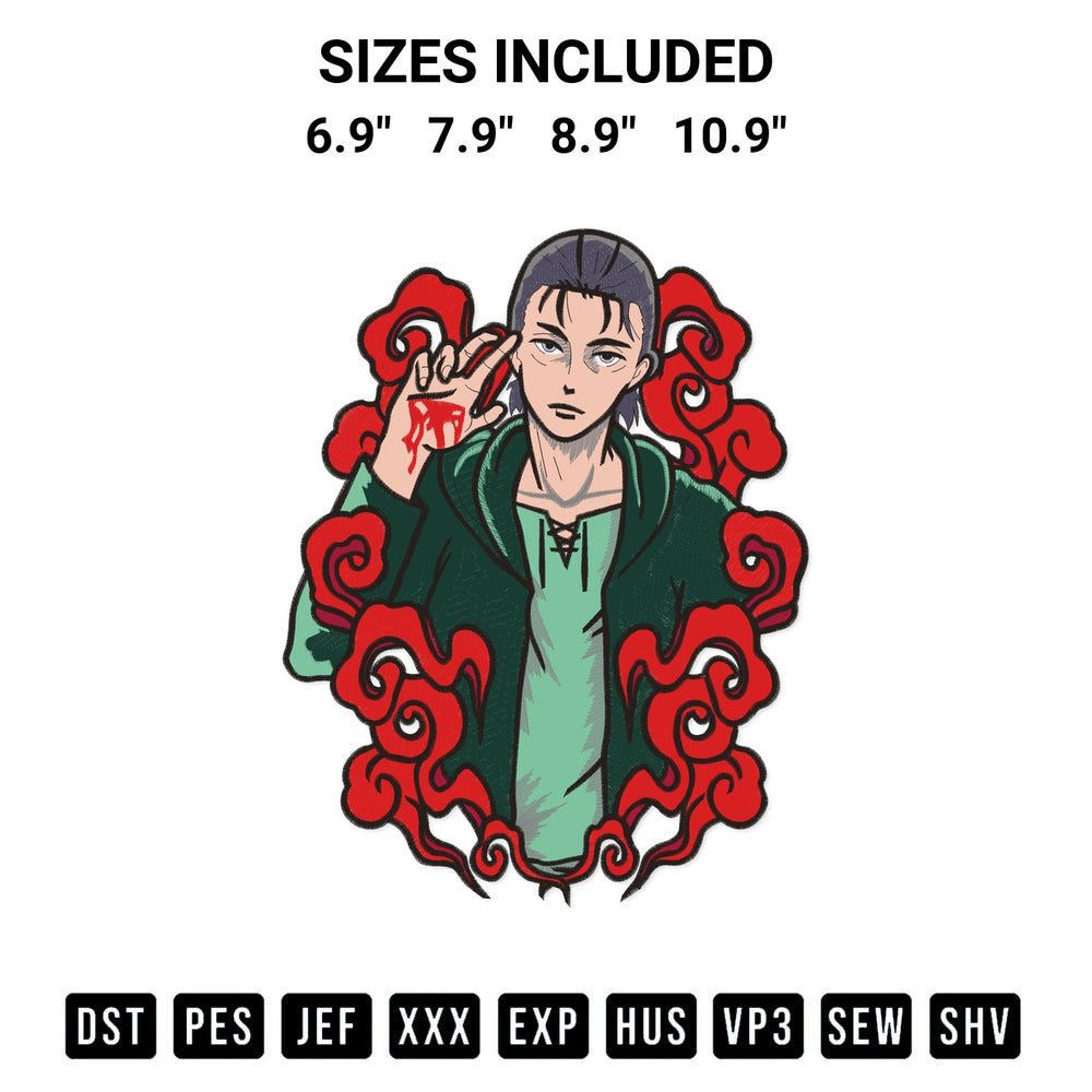 Stitch like a pro with the Eren Jaeger Attack On Titan Embroidery Design embroidery pattern from Designspacks.com. High-quality digital machine embroidery file. Available sizes: 6.9", 7.9", 8.9", 10.9".