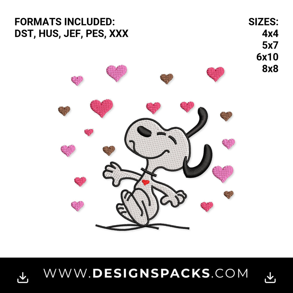 Cute Happy Dancing Dog with Hearts Embroidery Design - Instant digital download pattern at Designspacks.com