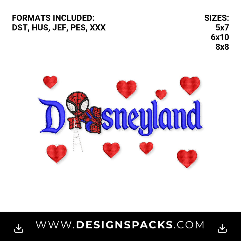 Spider-Man Disneyland with Hearts Embroidery Design - Instant digital download pattern at Designspacks.com