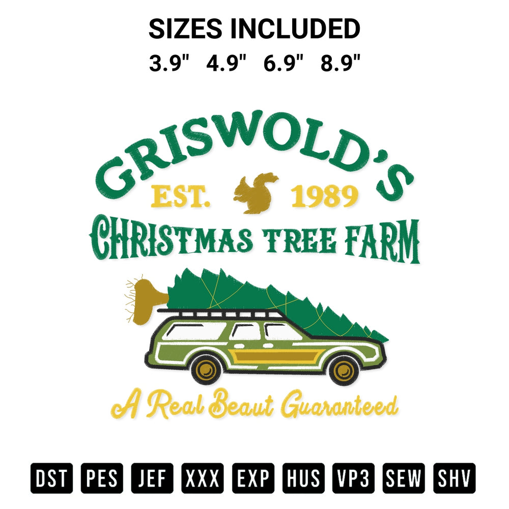 Stitch like a pro with the Griswold Christmas Tree Farm Embroidery Design embroidery pattern from Designspacks.com. High-quality digital machine embroidery file. Available sizes: 3.9", 4.9", 6.9", 8.9".