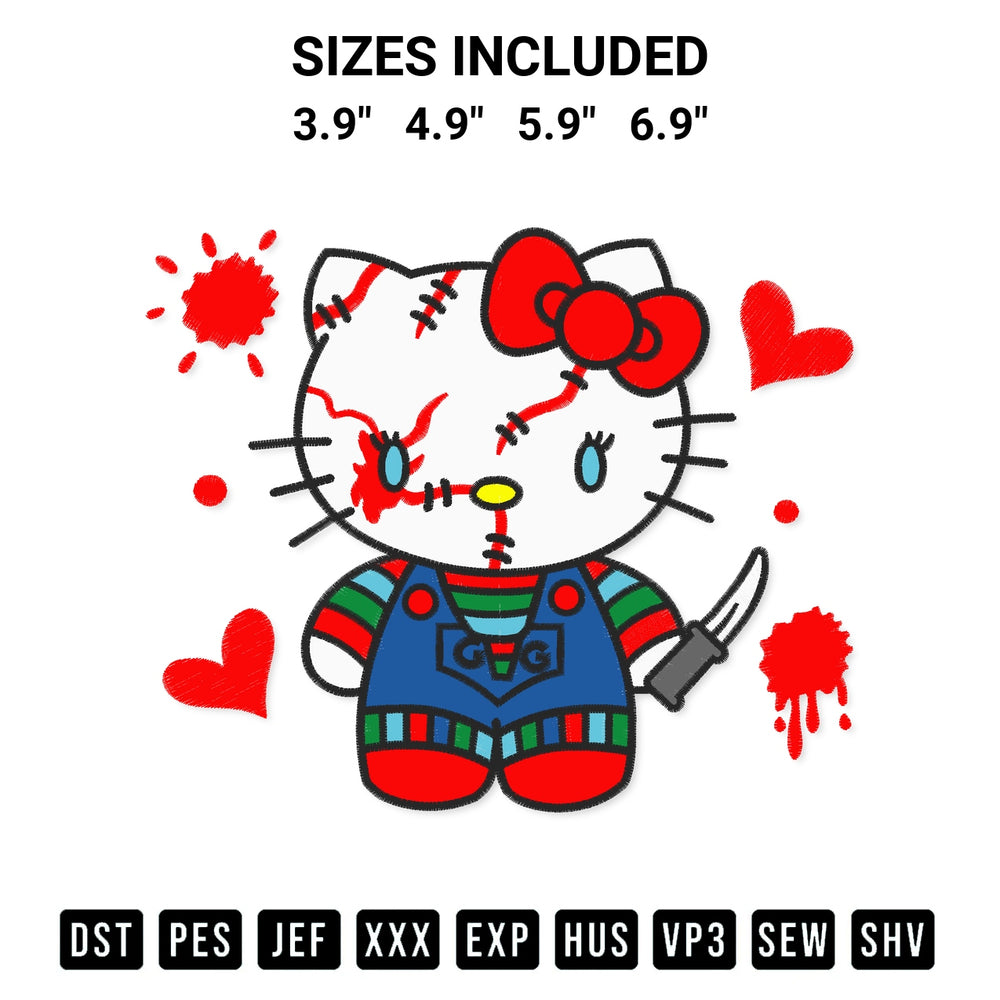 Stitch like a pro with the Hello Kitty Chucky Embroidery Design embroidery pattern from Designspacks.com. High-quality digital machine embroidery file. Available sizes: 3.9", 4.9", 5.9", 6.9".