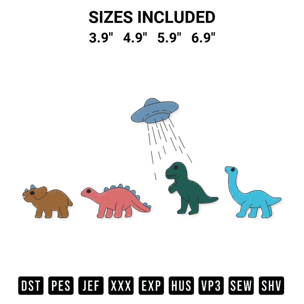 Shop the Dinosaur Alien Abduction Embroidery Design machine embroidery pattern at Designspacks.com. Beautifully digitized for flawless stitching on any fabric. Available sizes: 3.9", 4.9", 5.9", 6.9".