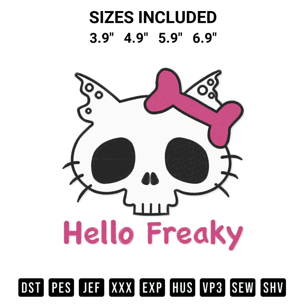 Discover the perfect addition to your crafting collection: Hello Kitty Freaky Embroidery Design embroidery file. Instantly available at Designspacks.com. Available sizes: 3.9", 4.9", 5.9", 6.9".