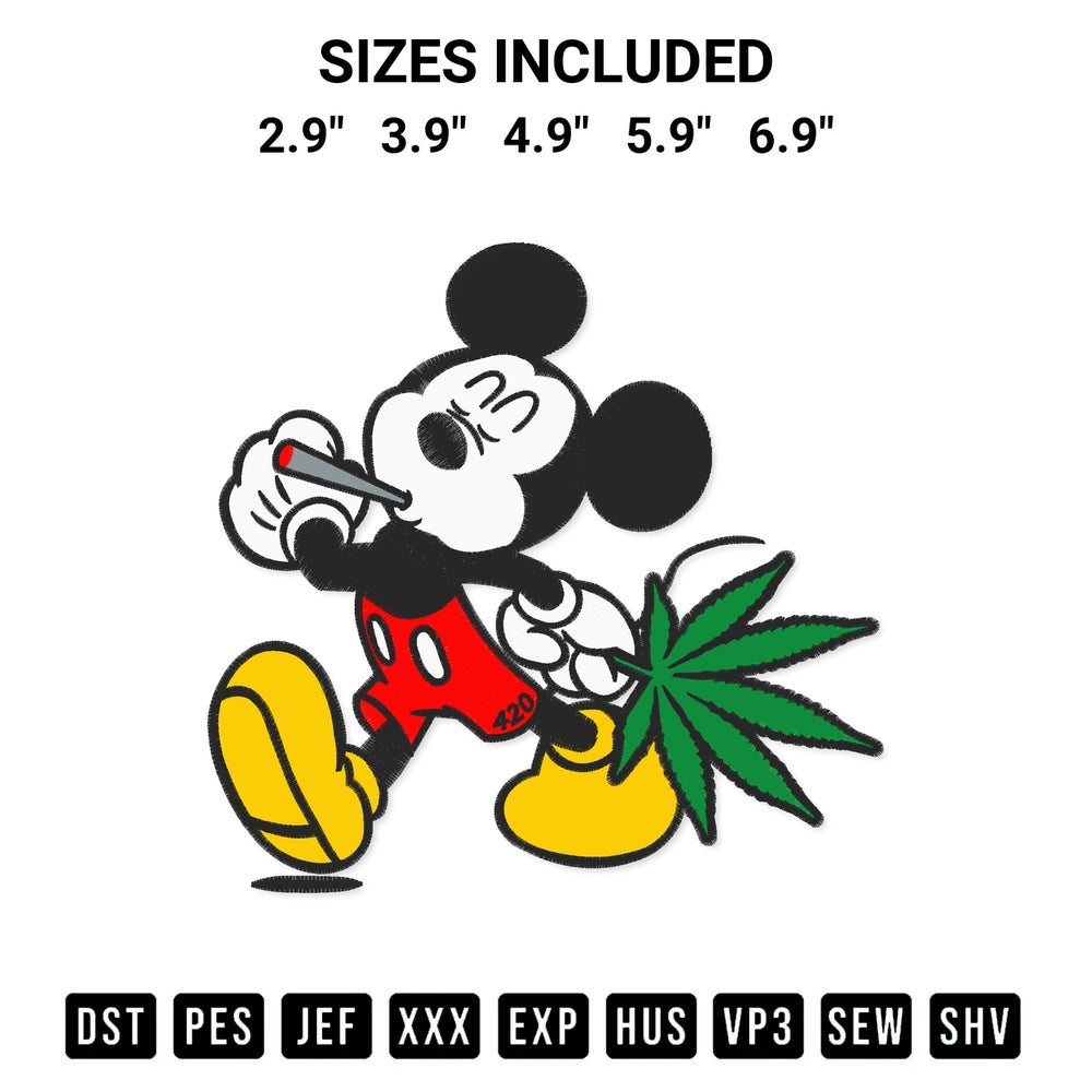 Discover the perfect addition to your crafting collection: Mickey Mouse 420 Weed Embroidery Design embroidery file. Instantly available at Designspacks.com. Available sizes: 2.9", 3.9", 4.9", 5.9", 6.9".