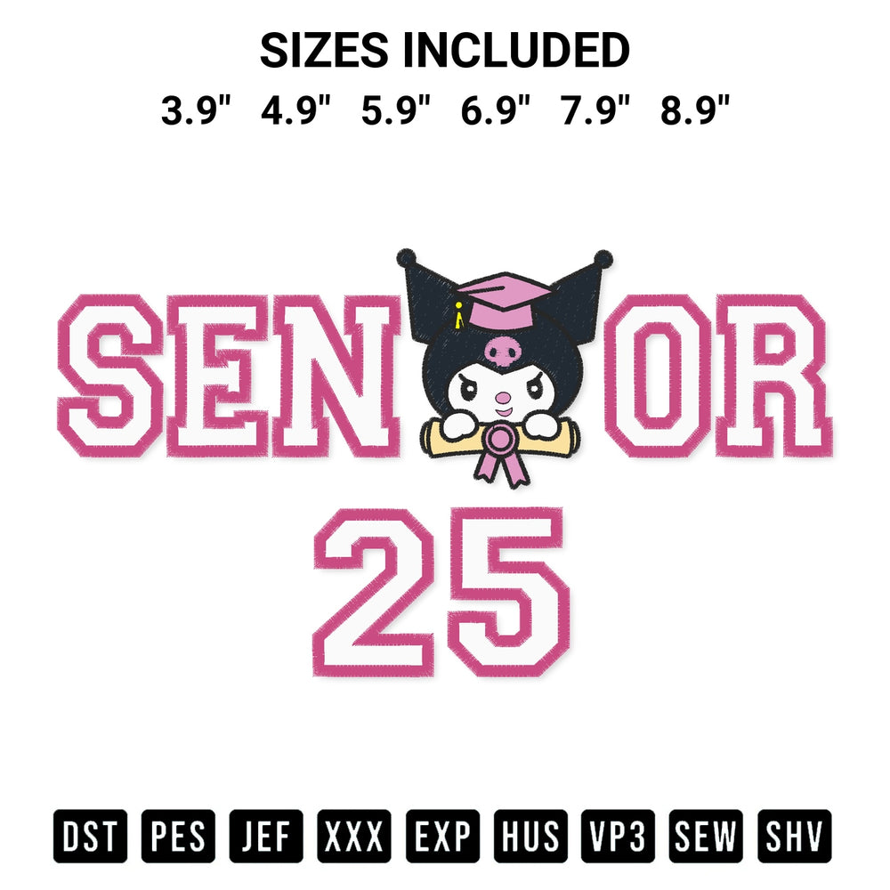 Download the Senior Kuromi 25 Embroidery Design machine embroidery design exclusively at Designspacks.com. Premium digitized pattern for apparel and DIY crafts. Available sizes: 3.9", 4.9", 5.9", 6.9", 7.9", 8.9".