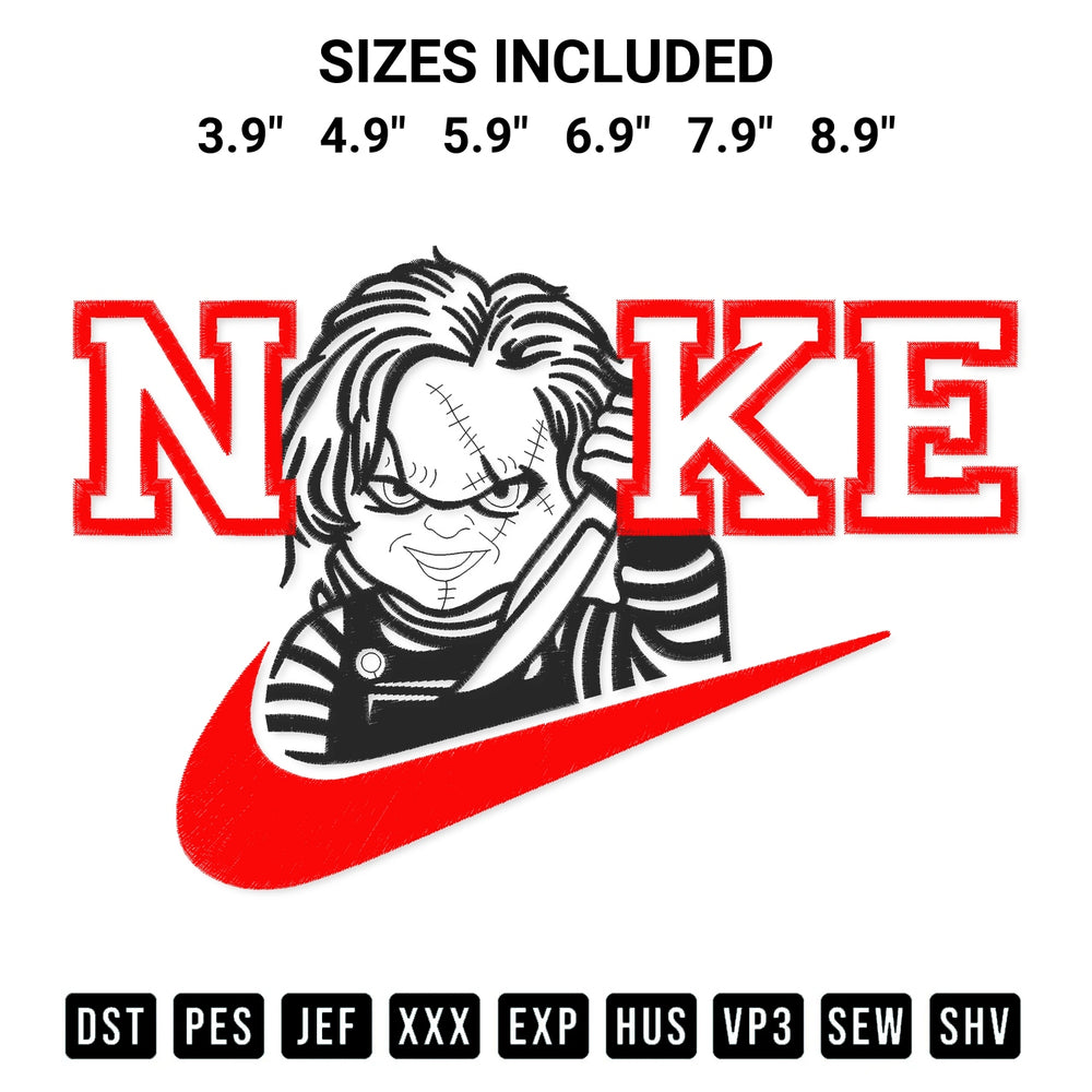 Transform your fabrics with the Chucky Nike Embroidery Design embroidery design. Instant access to premium digitized patterns at Designspacks.com. Available sizes: 3.9", 4.9", 5.9", 6.9", 7.9", 8.9".