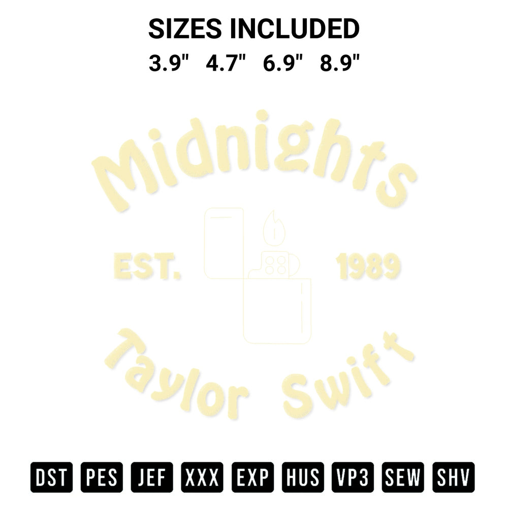 Elevate your next project with our Taylor Swift Midnights Embroidery Design embroidery file. Shop high-quality digital patterns instantly at Designspacks.com. Available sizes: 3.9", 4.7", 6.9", 8.9".