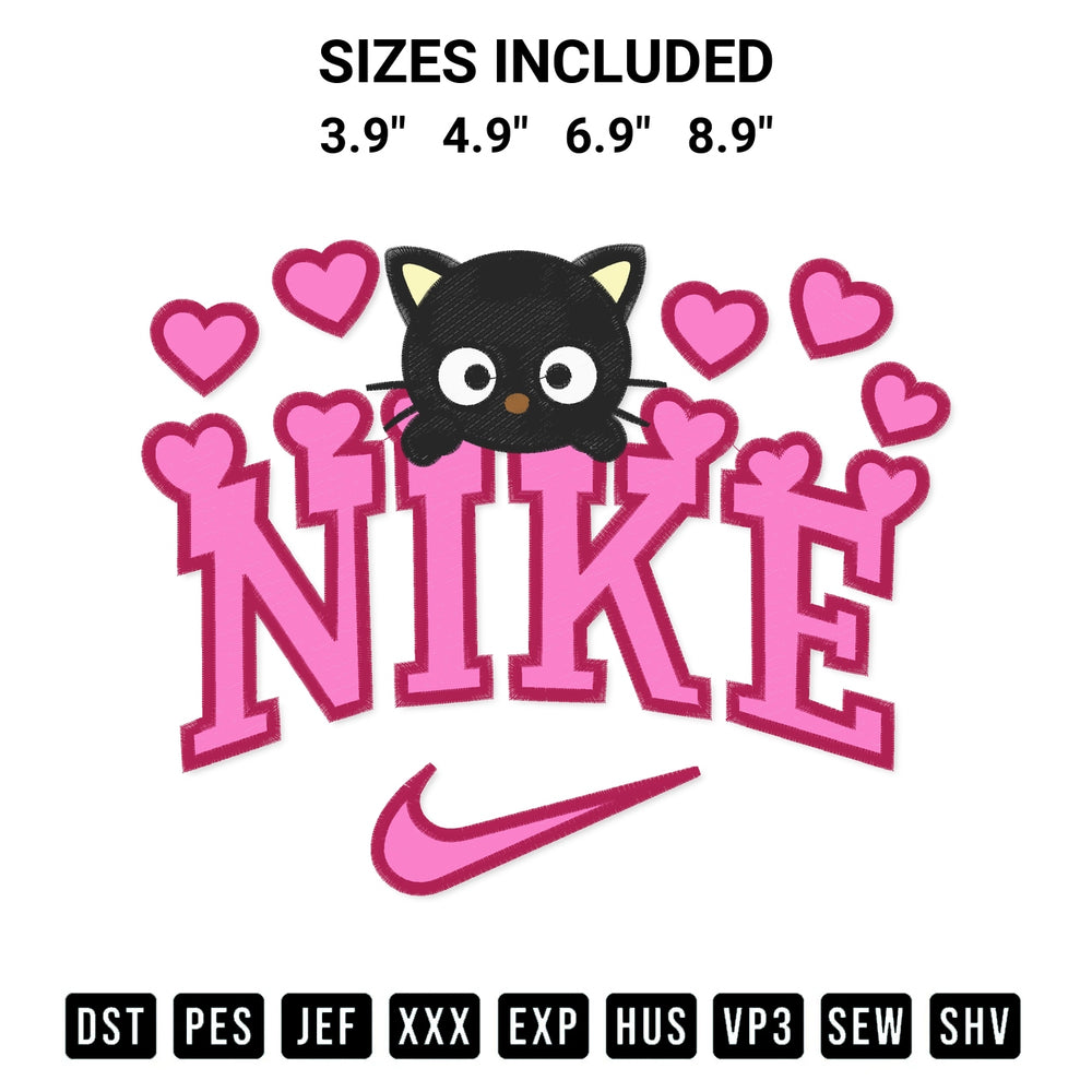 Stitch like a pro with the Nike Chococat Hearts Embroidery Design embroidery pattern from Designspacks.com. High-quality digital machine embroidery file. Available sizes: 3.9", 4.9", 6.9", 8.9".