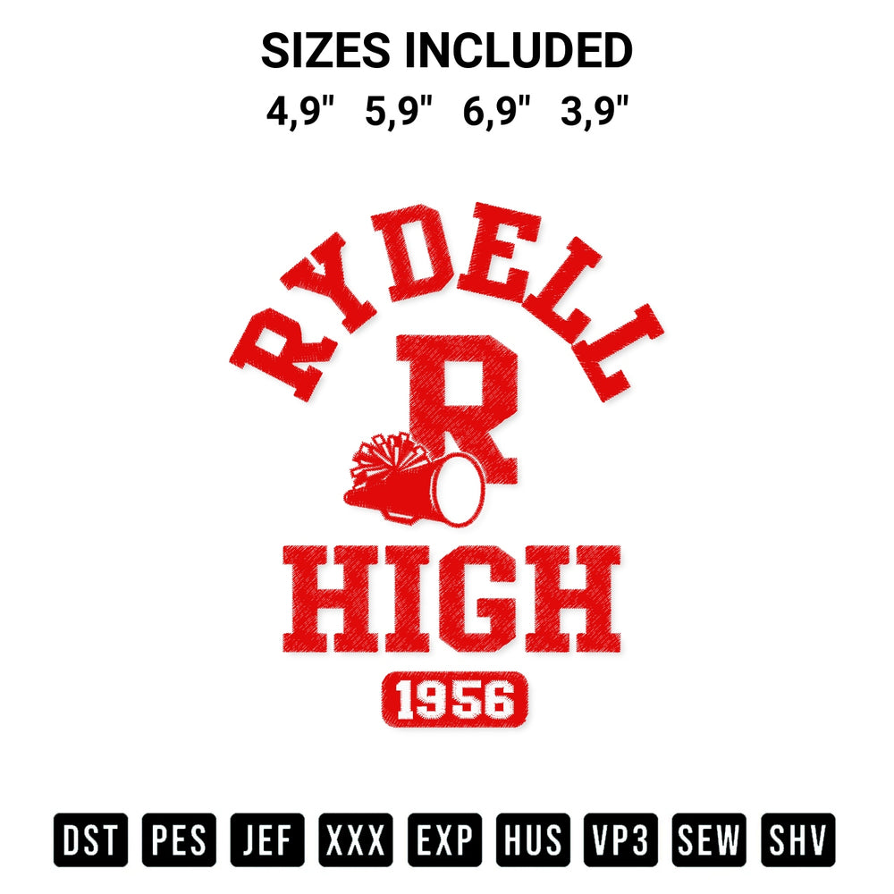 Shop the Rydell High 1956 Rydell High School Logo Grease Costume Logo Embroidery Design machine embroidery pattern at Designspacks.com. Beautifully digitized for flawless stitching on any fabric. Available sizes: 4,9", 5,9", 6,9", 3,9".