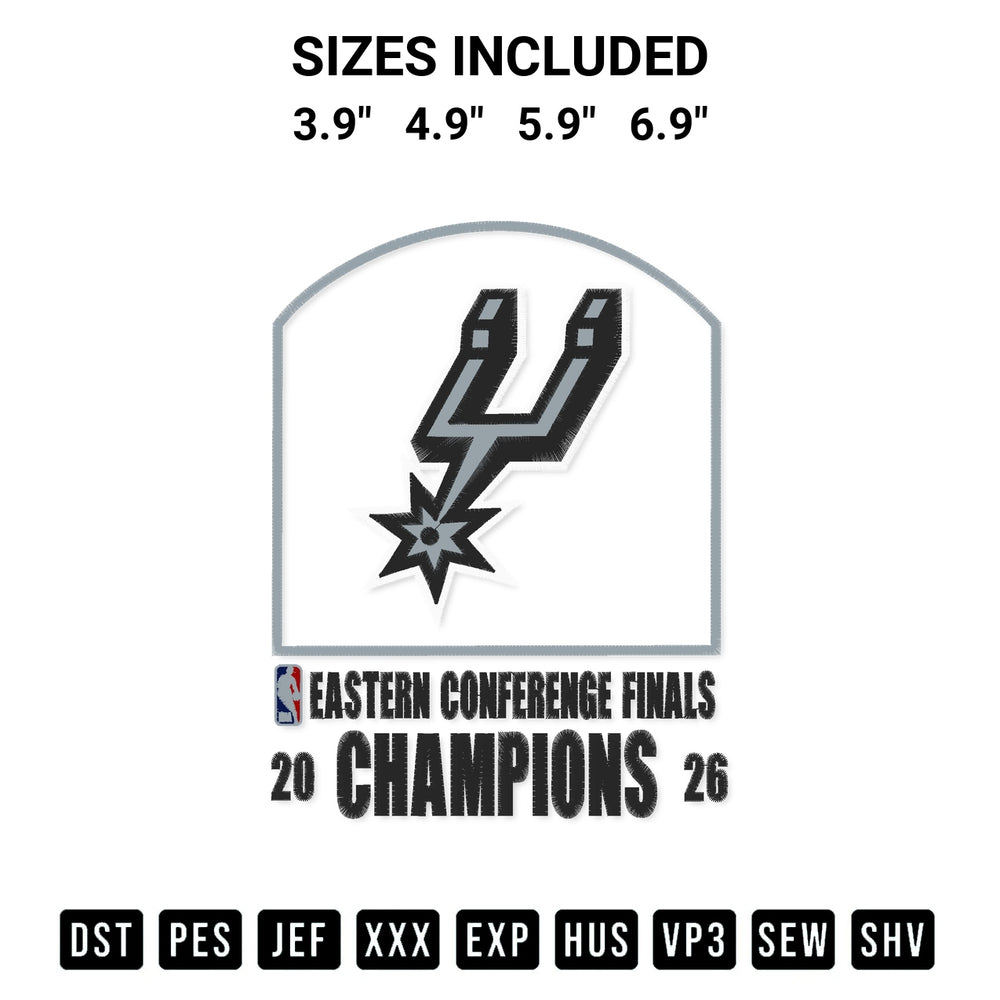 Shop the San Antonio Spurs 2026 Nba Western Conference Champion Embroidery Design machine embroidery pattern at Designspacks.com. Beautifully digitized for flawless stitching on any fabric. Available sizes: 3.9", 4.9", 5.9", 6.9".