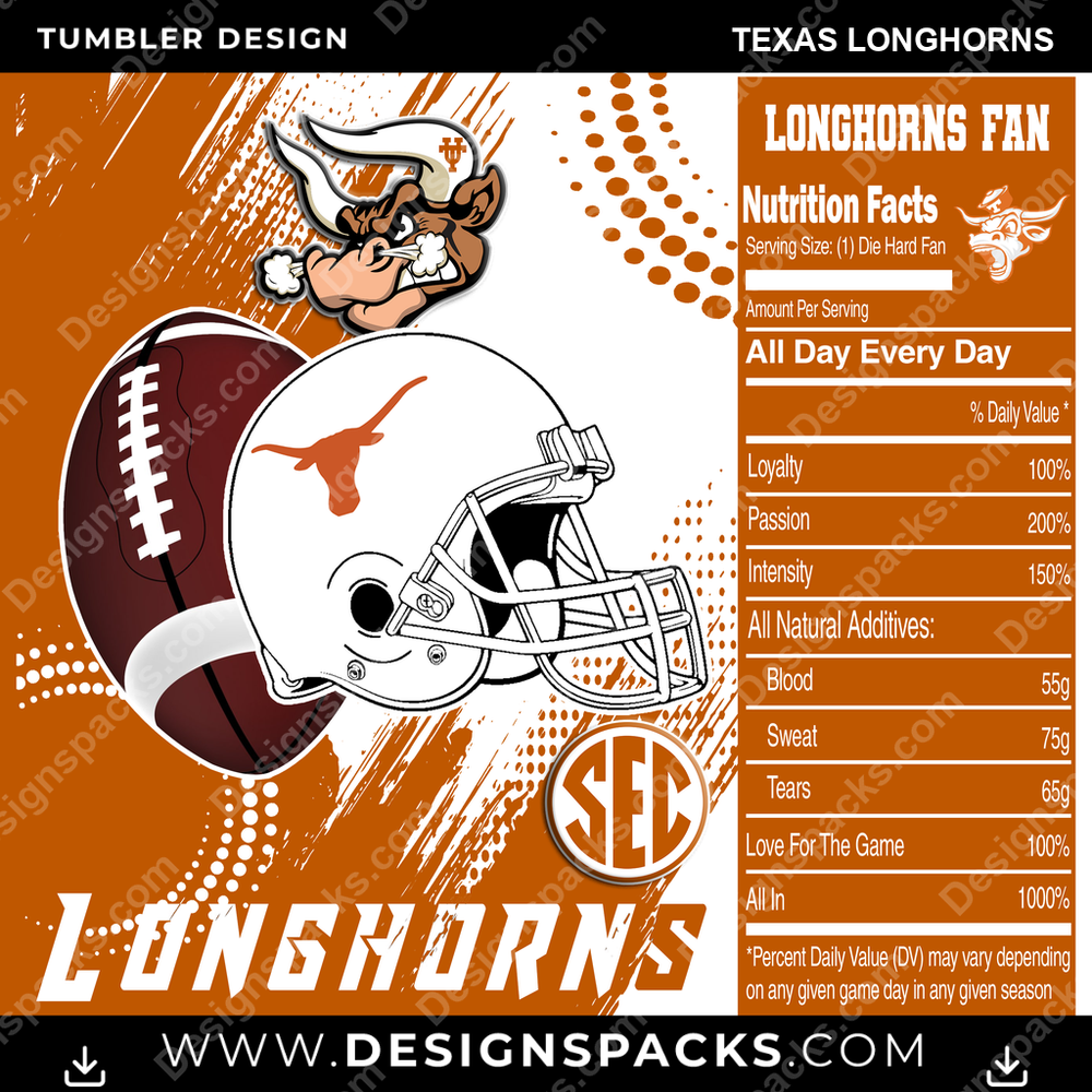 College Sport Team Fan CFB Texas Longhorns NCAA Tumbler Digital Wrap Design Download