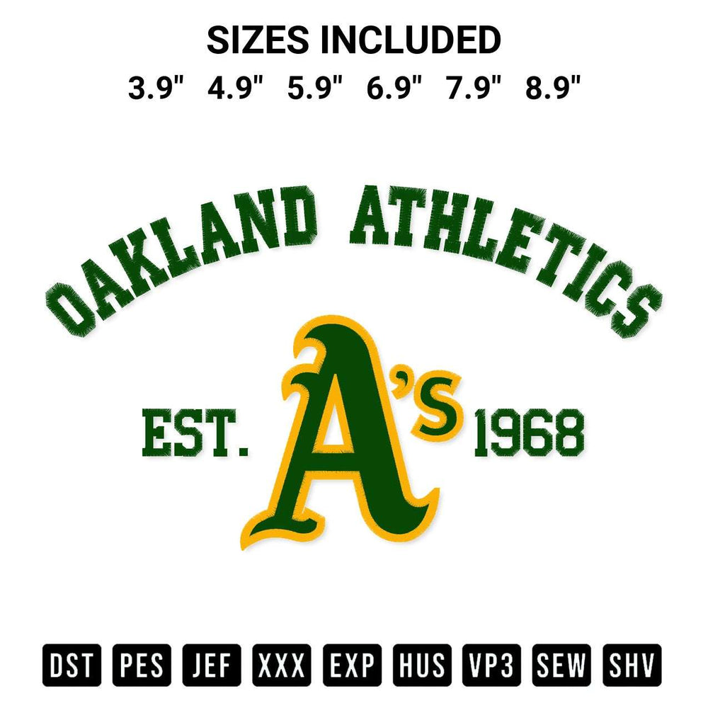 Add a unique touch to your apparel with the Oakland Athletics Est 1968 Embroidery Design embroidery file. Premium instant download available now on Designspacks.com. Available sizes: 3.9", 4.9", 5.9", 6.9", 7.9", 8.9".