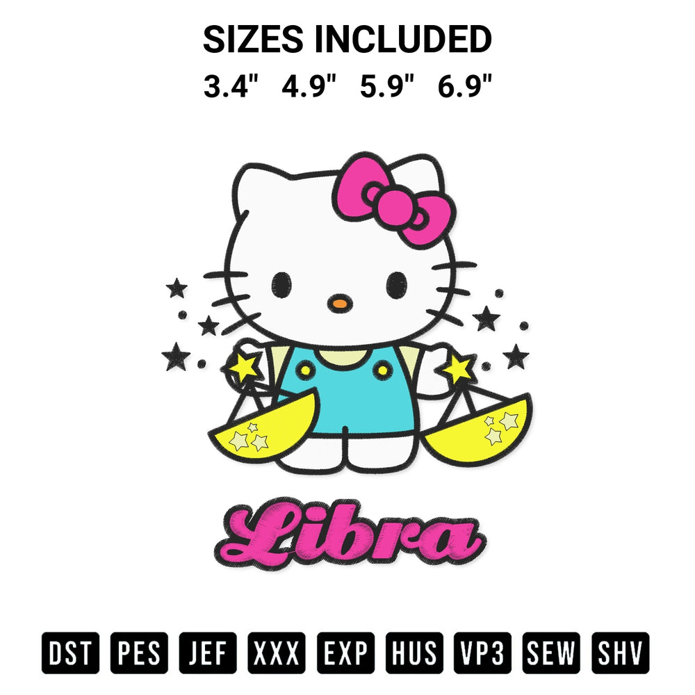 Add a unique touch to your apparel with the Hello Kitty Libra Zodiac Horoscope Libra Zodiac Birthday Gift Embroidery Design embroidery file. Premium instant download available now on Designspacks.com. Available sizes: 3.4", 4.9", 5.9", 6.9".