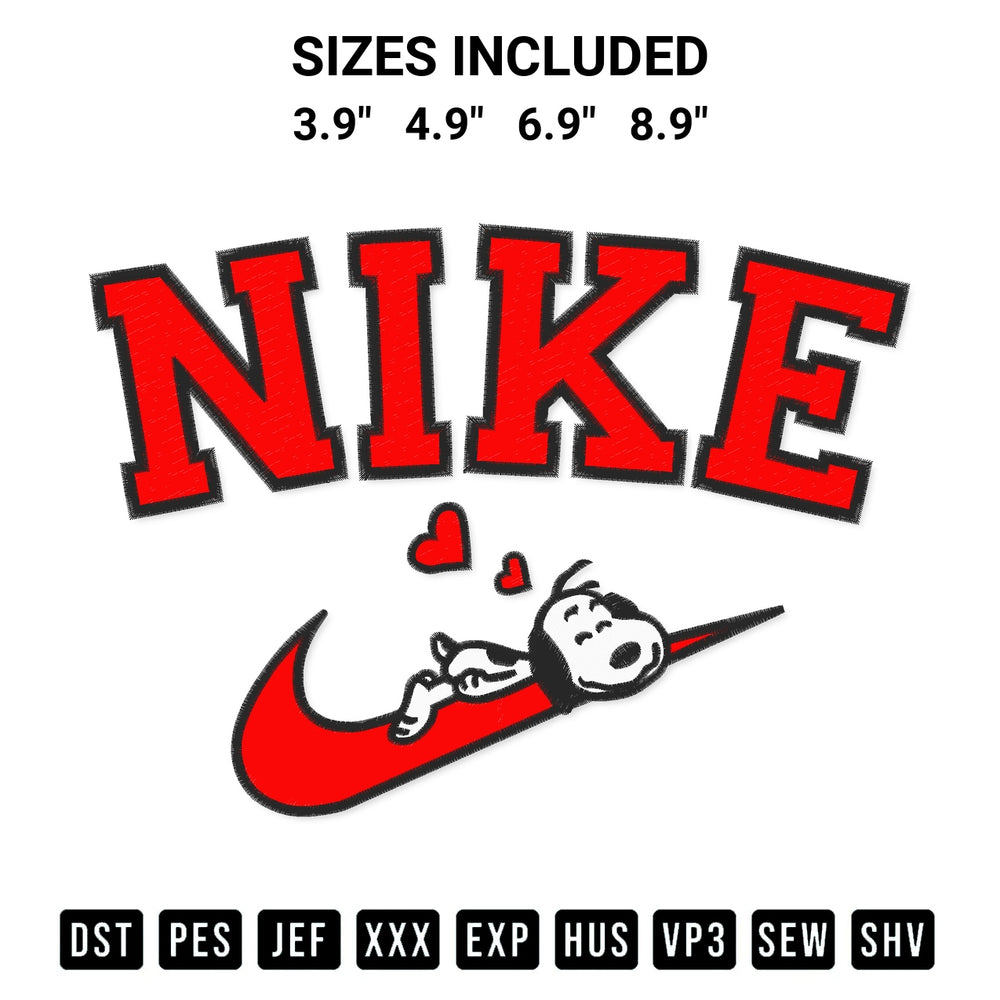 Elevate your next project with our Sleeping Snoopy Nike Logo Embroidery Design embroidery file. Shop high-quality digital patterns instantly at Designspacks.com. Available sizes: 3.9", 4.9", 6.9", 8.9".