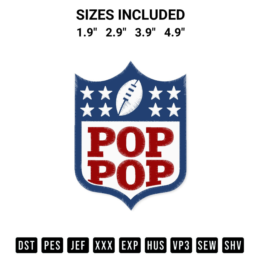 Discover the perfect addition to your crafting collection: Pop Pop Football Logo Embroidery Design embroidery file. Instantly available at Designspacks.com. Available sizes: 1.9", 2.9", 3.9", 4.9".