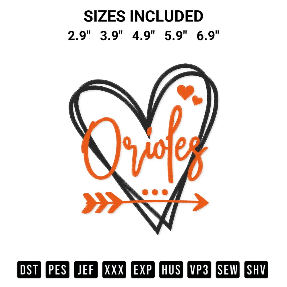 Discover the perfect addition to your crafting collection: Baltimore Orioles Heart Embroidery Design embroidery file. Instantly available at Designspacks.com. Available sizes: 2.9", 3.9", 4.9", 5.9", 6.9".