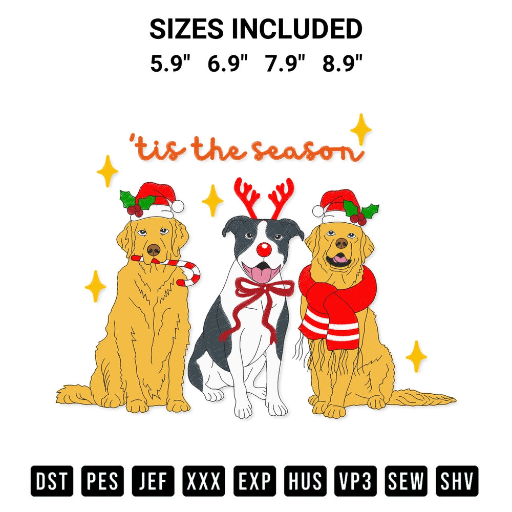 Discover the perfect addition to your crafting collection: Christmas Three Dogs Tis The Season Embroidery Design embroidery file. Instantly available at Designspacks.com. Available sizes: 5.9", 6.9", 7.9", 8.9".