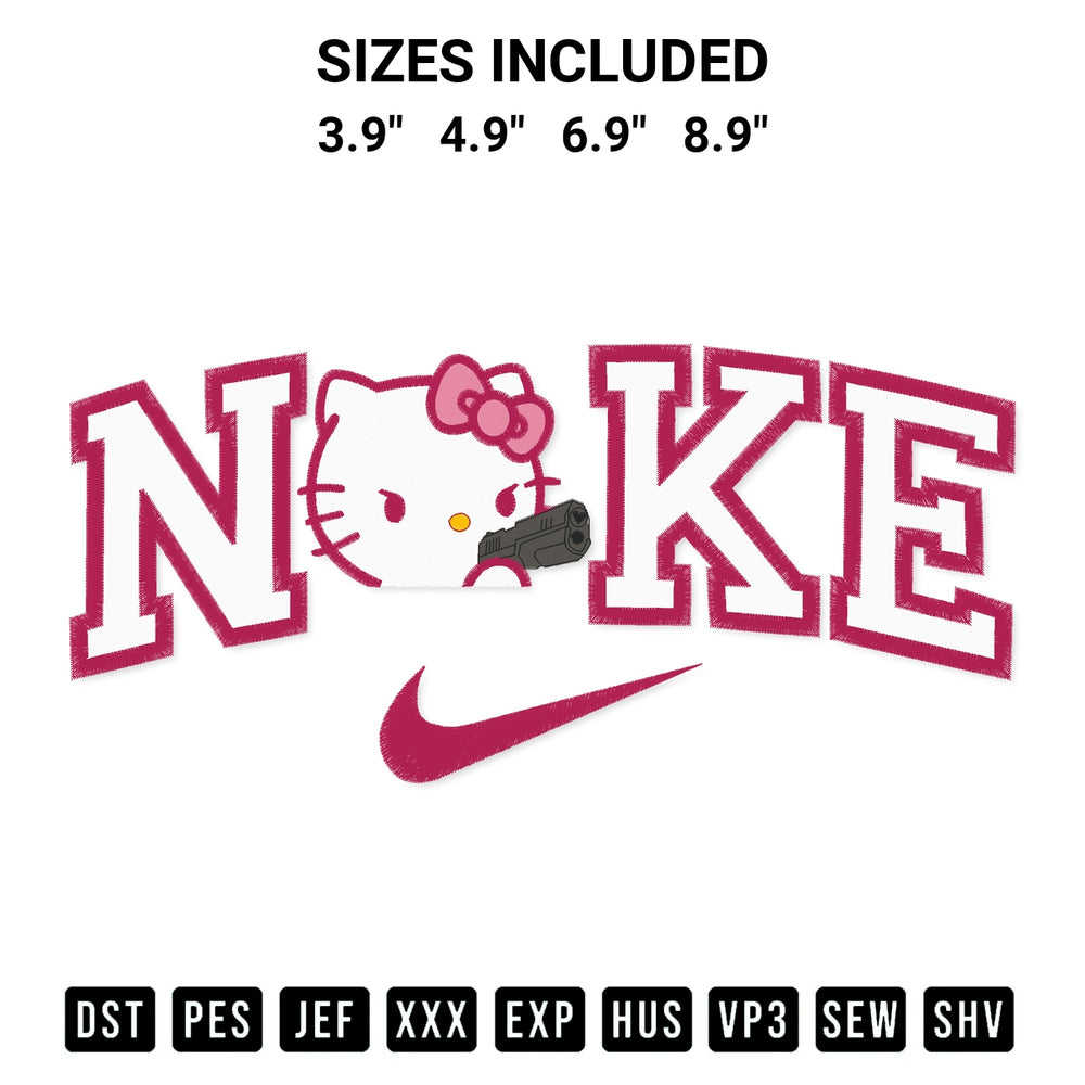Elevate your next project with our Nike Hello Kitty Gun Embroidery Design embroidery file. Shop high-quality digital patterns instantly at Designspacks.com. Available sizes: 3.9", 4.9", 6.9", 8.9".