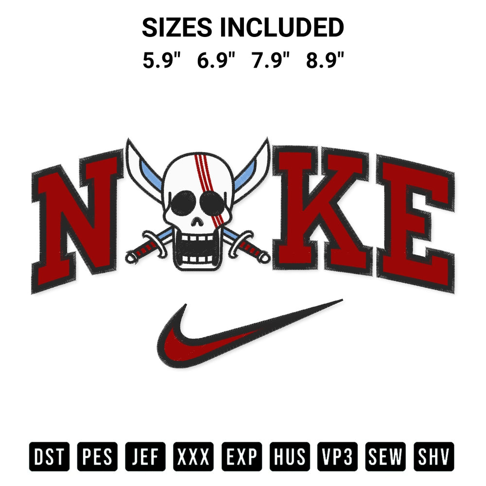 Transform your fabrics with the Red Hair Pirates Logo X Nike Embroidery Design embroidery design. Instant access to premium digitized patterns at Designspacks.com. Available sizes: 5.9", 6.9", 7.9", 8.9".