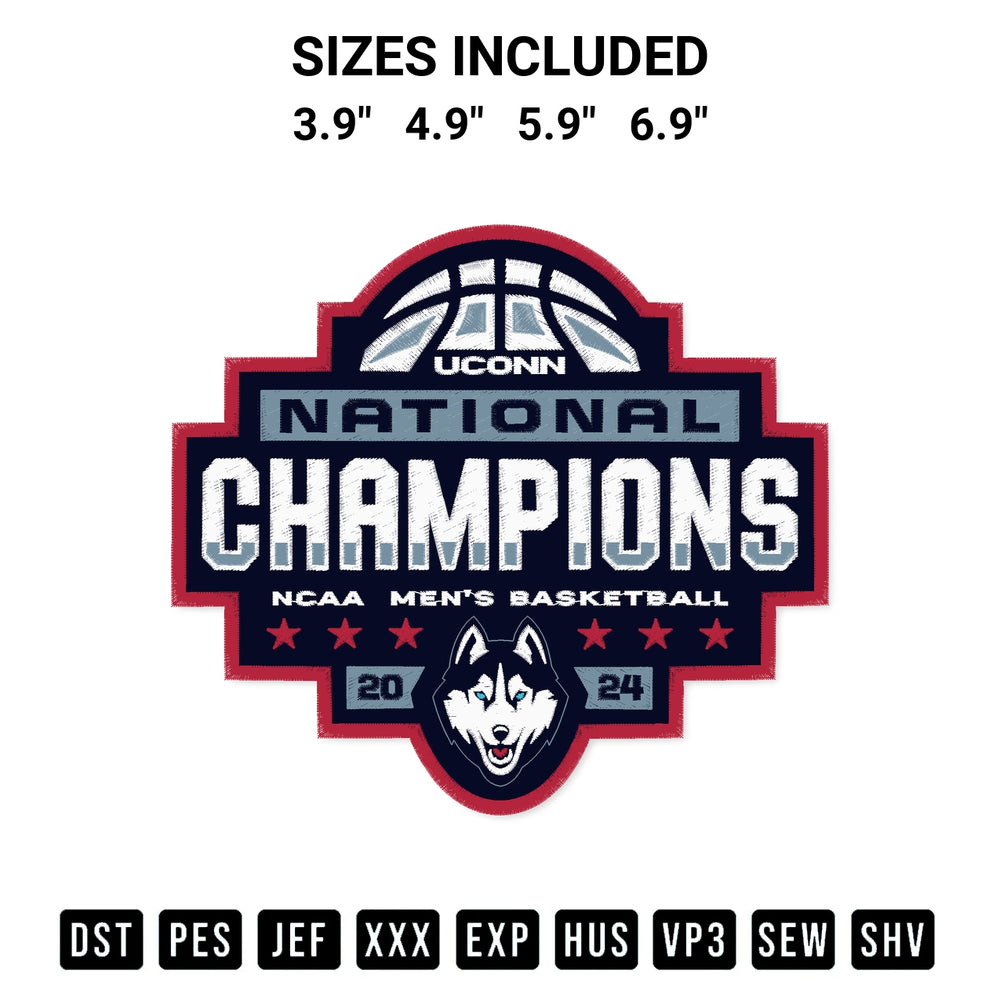 Add a unique touch to your apparel with the Uconn Huskies National Champions 2024 Logo Embroidery Design embroidery file. Premium instant download available now on Designspacks.com. Available sizes: 3.9", 4.9", 5.9", 6.9".