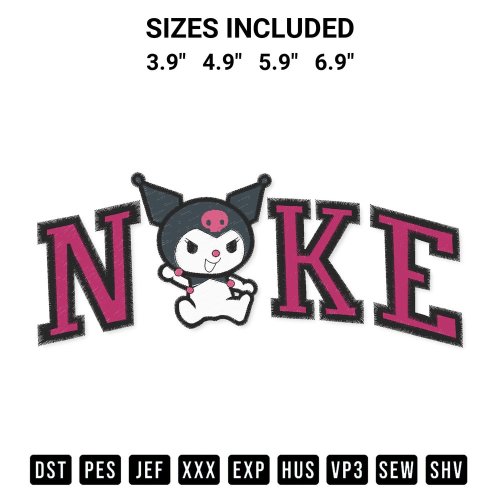 Transform your fabrics with the Nike Kuromi Cute Embroidery Design embroidery design. Instant access to premium digitized patterns at Designspacks.com. Available sizes: 3.9", 4.9", 5.9", 6.9".