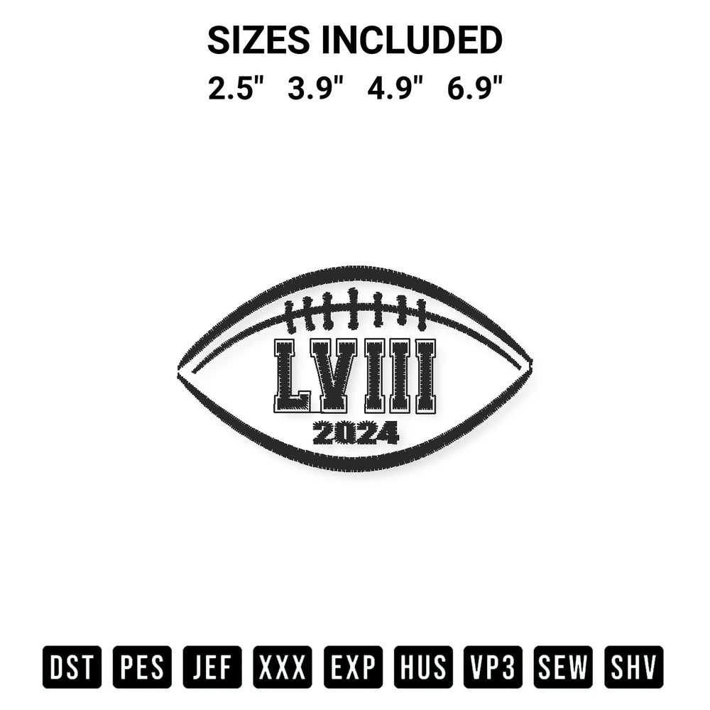 Add a unique touch to your apparel with the Super Bowl Lviii 2024 Embroidery Design embroidery file. Premium instant download available now on Designspacks.com. Available sizes: 2.5", 3.9", 4.9", 6.9".
