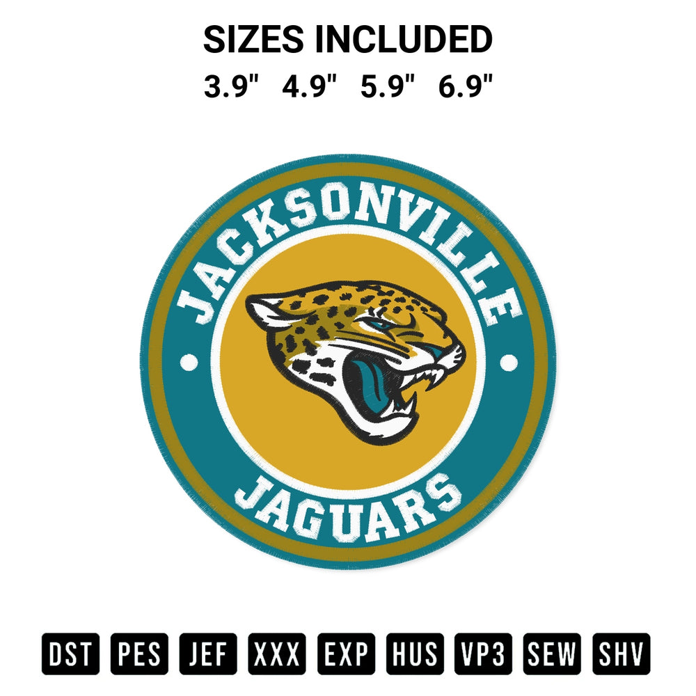 Add a unique touch to your apparel with the Jacksonville Jaguars Circle Logo Embroidery Design embroidery file. Premium instant download available now on Designspacks.com. Available sizes: 3.9", 4.9", 5.9", 6.9".