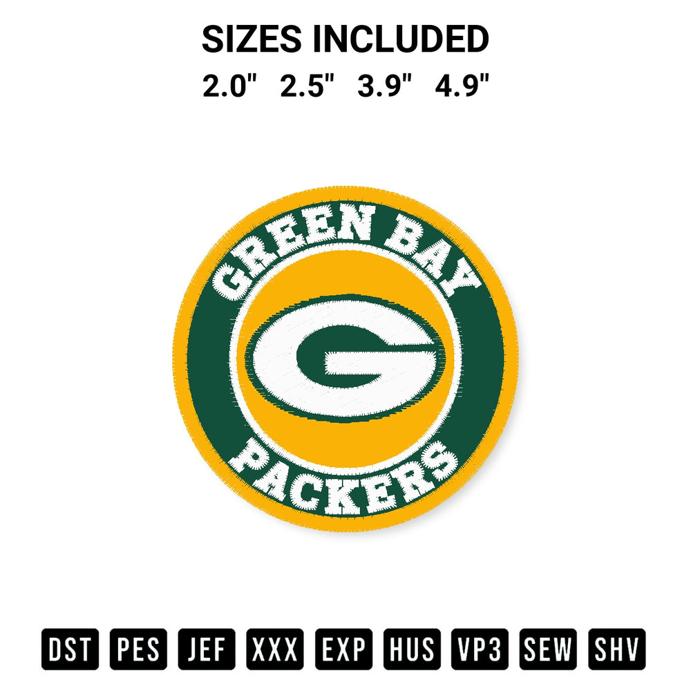 Stitch like a pro with the Nfl Green Bay Packers Logo Embroidery Design embroidery pattern from Designspacks.com. High-quality digital machine embroidery file. Available sizes: 2.0", 2.5", 3.9", 4.9".
