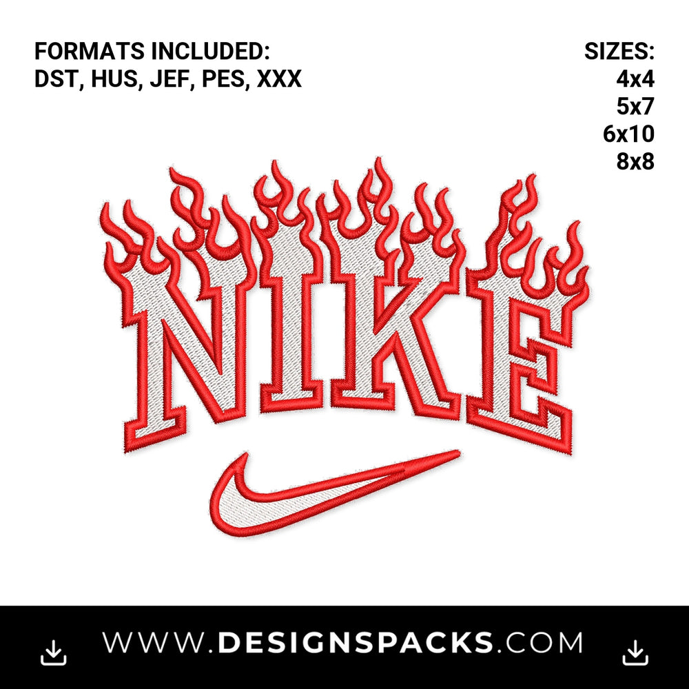 Flaming Nike Swoosh Red Varsity Embroidery Design - Instant digital download pattern at Designspacks.com