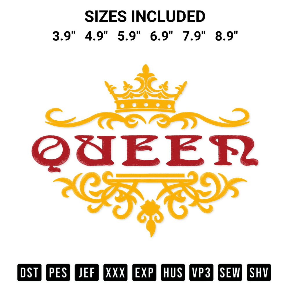 Discover the perfect addition to your crafting collection: Queen Crown Embroidery Design embroidery file. Instantly available at Designspacks.com. Available sizes: 3.9", 4.9", 5.9", 6.9", 7.9", 8.9".