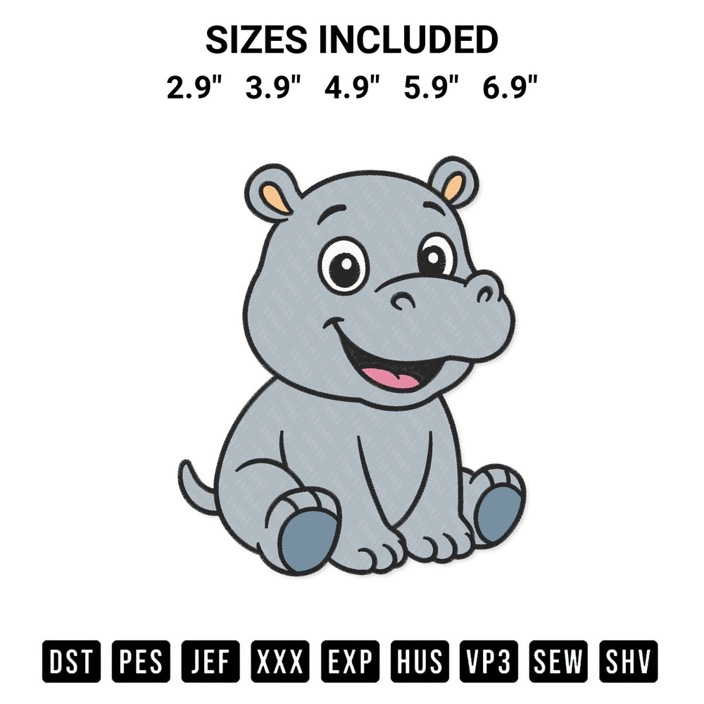 Transform your fabrics with the Hippo Embroidery Design embroidery design. Instant access to premium digitized patterns at Designspacks.com. Available sizes: 2.9", 3.9", 4.9", 5.9", 6.9".