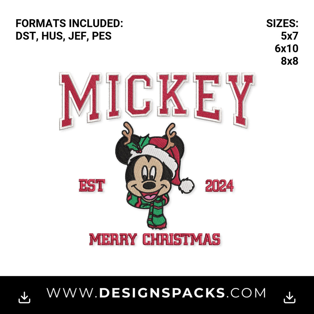 Mickey Reindeer Merry Christmas 2024 Embroidery Design - Instant digital download pattern at Designspacks.com