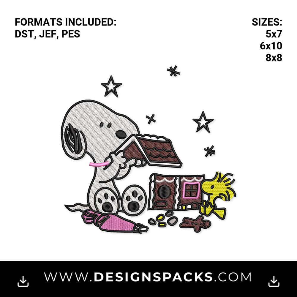 Snoopy & Woodstock Gingerbread House Embroidery Design - Instant digital download pattern at Designspacks.com