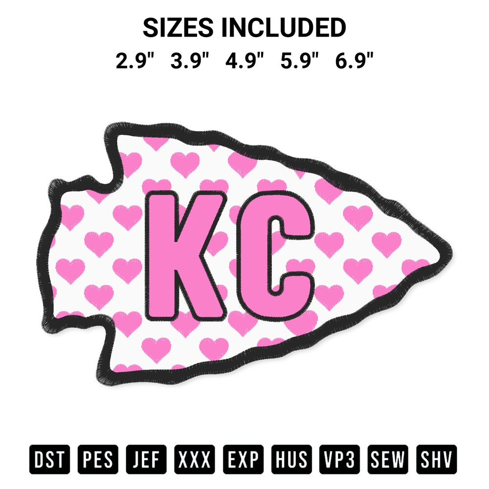 Download the Kansas City Chiefs Pink Hearts Embroidery Design machine embroidery design exclusively at Designspacks.com. Premium digitized pattern for apparel and DIY crafts. Available sizes: 2.9", 3.9", 4.9", 5.9", 6.9".