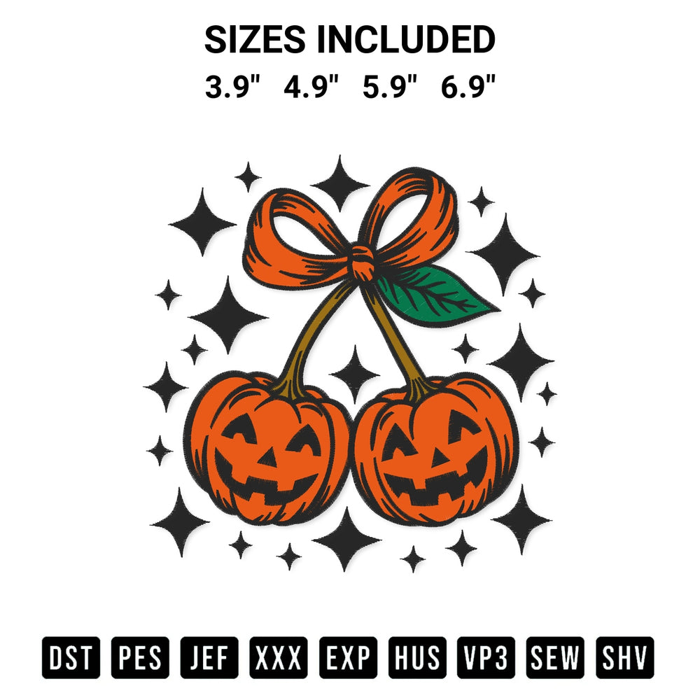 Stitch like a pro with the Pumpkin Cherries Halloween Embroidery Design embroidery pattern from Designspacks.com. High-quality digital machine embroidery file. Available sizes: 3.9", 4.9", 5.9", 6.9".