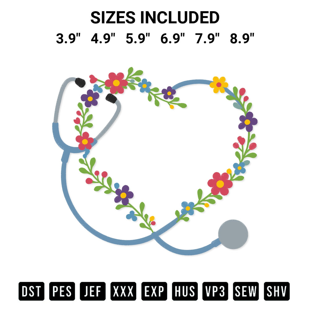 Add a unique touch to your apparel with the Heart Floral Stethoscope Embroidery Design embroidery file. Premium instant download available now on Designspacks.com. Available sizes: 3.9", 4.9", 5.9", 6.9", 7.9", 8.9".