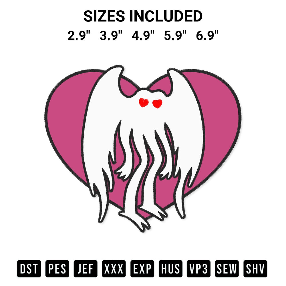 Create amazing crafts with the Mothman Heart Embroidery Design embroidery file. High-quality digital download from Designspacks.com, perfect for beginners and pros. Available sizes: 2.9", 3.9", 4.9", 5.9", 6.9".