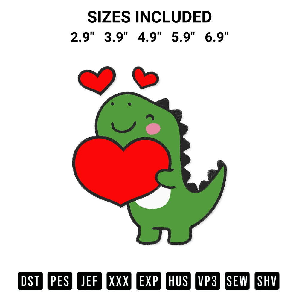 Shop the Cute Dinosaur Holding Heart Embroidery Design machine embroidery pattern at Designspacks.com. Beautifully digitized for flawless stitching on any fabric. Available sizes: 2.9", 3.9", 4.9", 5.9", 6.9".