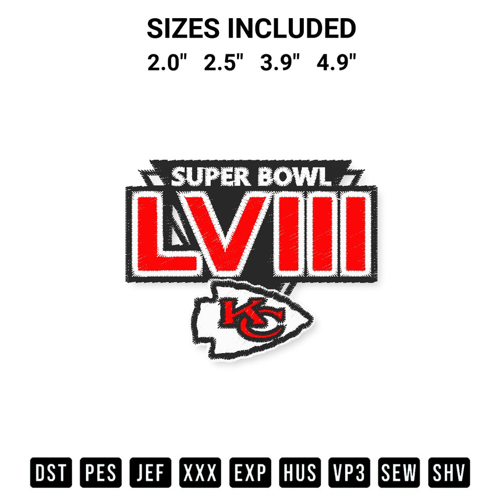Create amazing crafts with the Super Bowl Lviii Kansas City Chiefs Logo Embroidery Design embroidery file. High-quality digital download from Designspacks.com, perfect for beginners and pros. Available sizes: 2.0", 2.5", 3.9", 4.9".