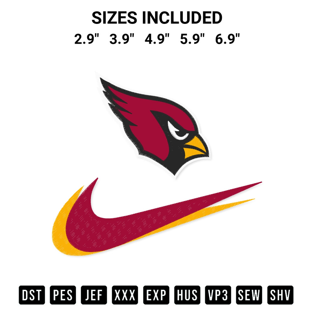 Add a unique touch to your apparel with the Arizona Cardinals Swoosh Embroidery Design embroidery file. Premium instant download available now on Designspacks.com. Available sizes: 2.9", 3.9", 4.9", 5.9", 6.9".