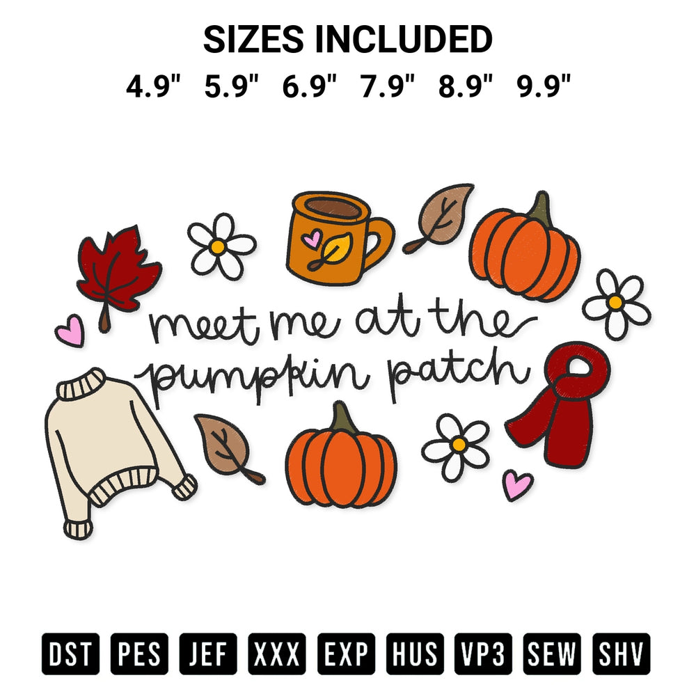Stitch like a pro with the Meet Me At The Pumpkin Patch Embroidery Design embroidery pattern from Designspacks.com. High-quality digital machine embroidery file. Available sizes: 4.9", 5.9", 6.9", 7.9", 8.9", 9.9".