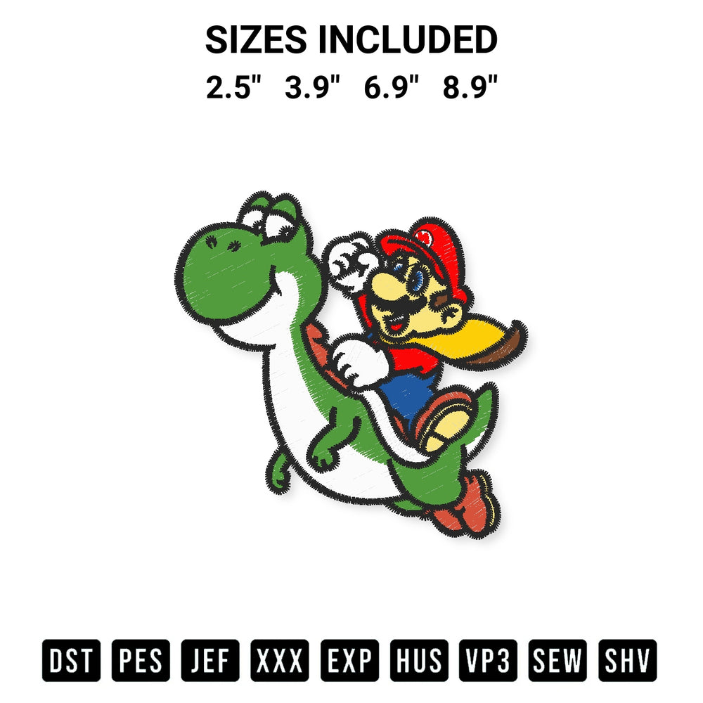 Get the Super Mario And Yoshi Embroidery Design embroidery design for your custom crafts! Premium digitized files available for instant download at Designspacks.com. Available sizes: 2.5", 3.9", 6.9", 8.9".