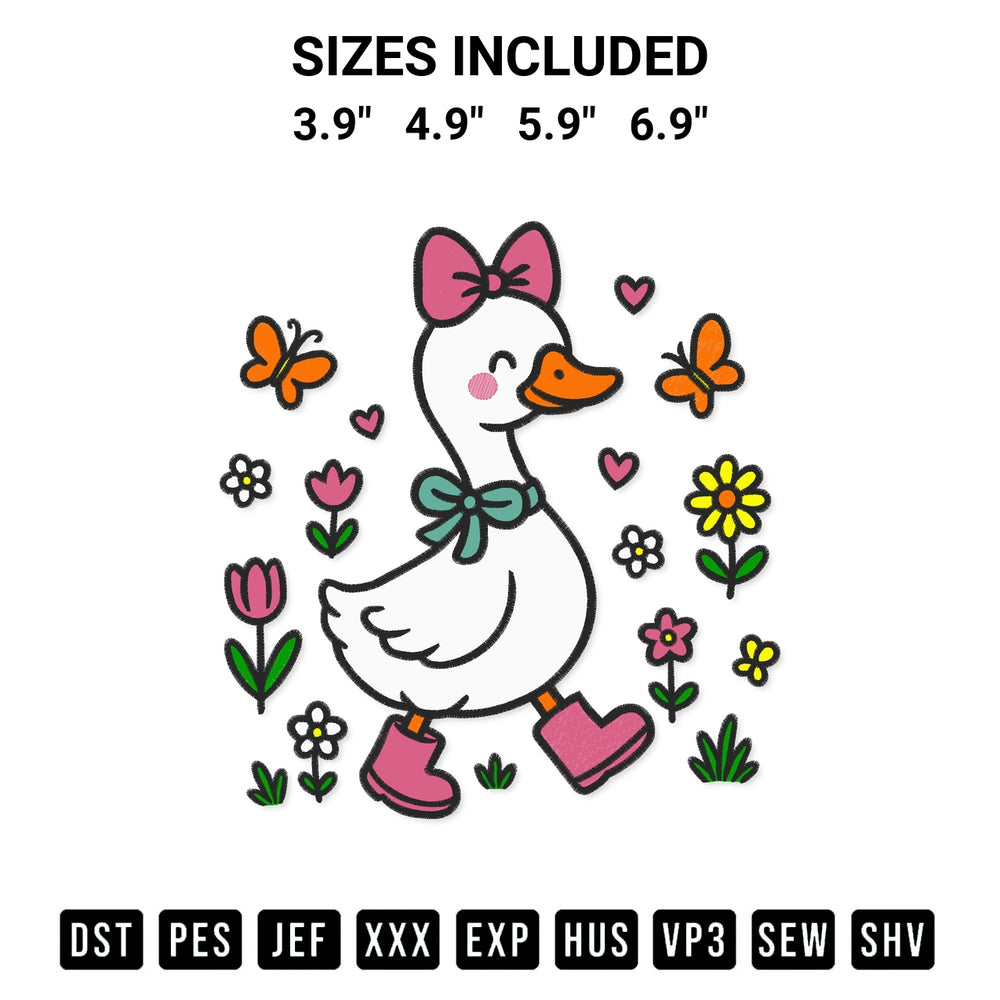 Shop the Floral Goose Coquette Embroidery Design machine embroidery pattern at Designspacks.com. Beautifully digitized for flawless stitching on any fabric. Available sizes: 3.9", 4.9", 5.9", 6.9".