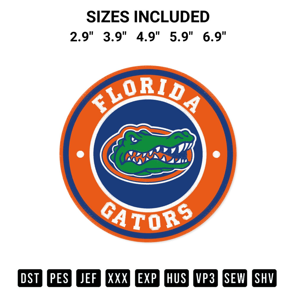 Add a unique touch to your apparel with the Florida Gators Circle Logo Embroidery Design embroidery file. Premium instant download available now on Designspacks.com. Available sizes: 2.9", 3.9", 4.9", 5.9", 6.9".